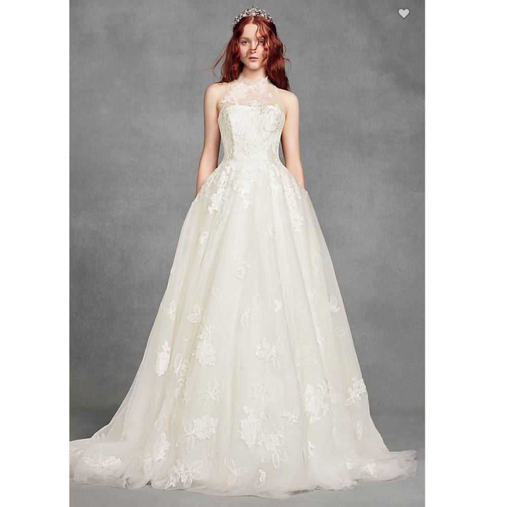 Vera Wang White Illusion Floral Wedding Dress, 0